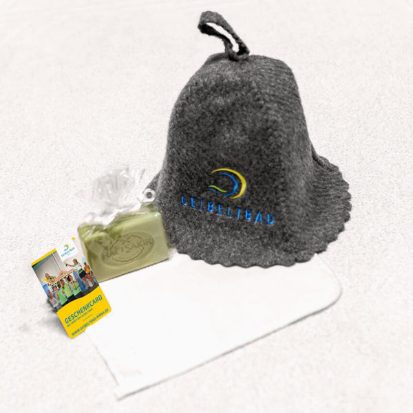 Set mit Saunahut, Handschuh, Seife und Geschenkcard